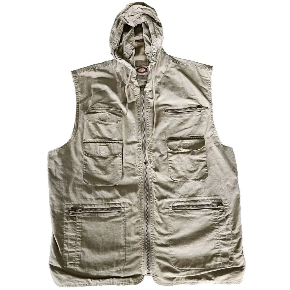 VTG BANANA REPUBLIC Men's Safari Vest XL Beige Full Zip Hooded Cargo Pockets